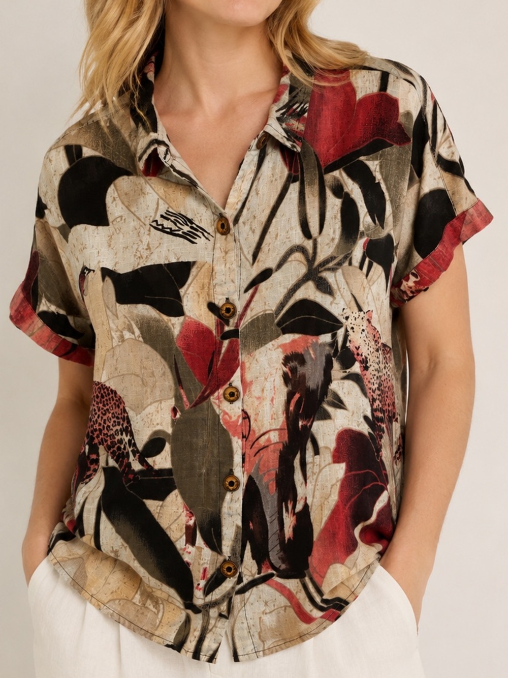100% Cotton Parsley & Sage Safari Animal Print Button Front Shirt Women’s XL
